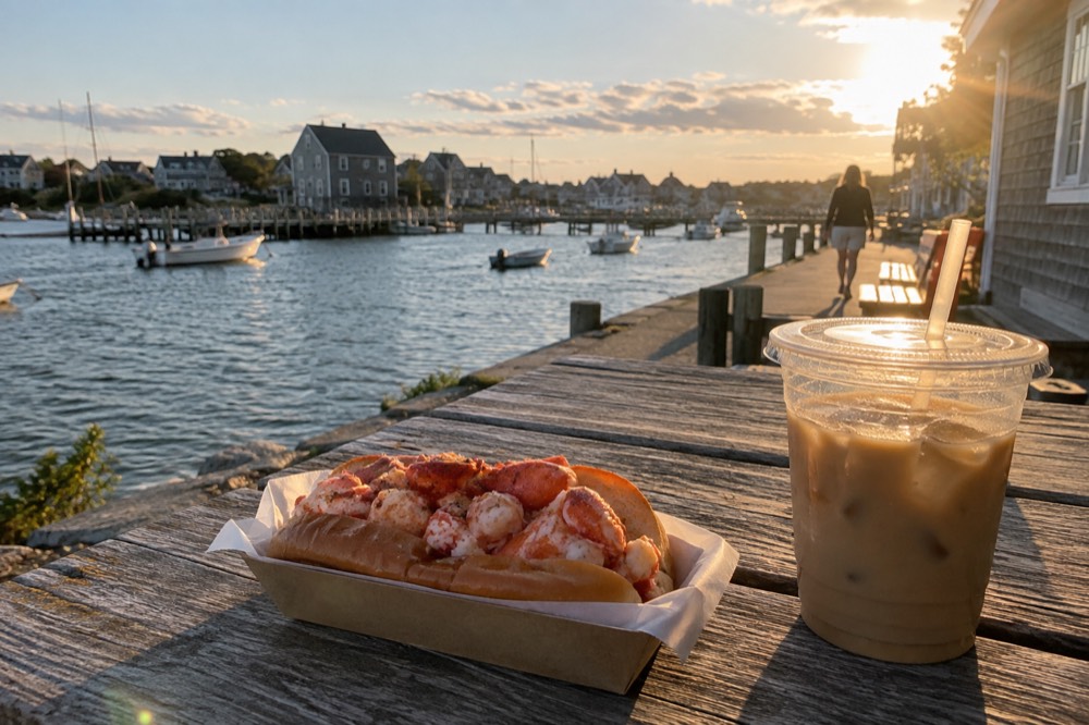 A lobster roll and iced coffee on a wooden picnic table overlooking a harbor