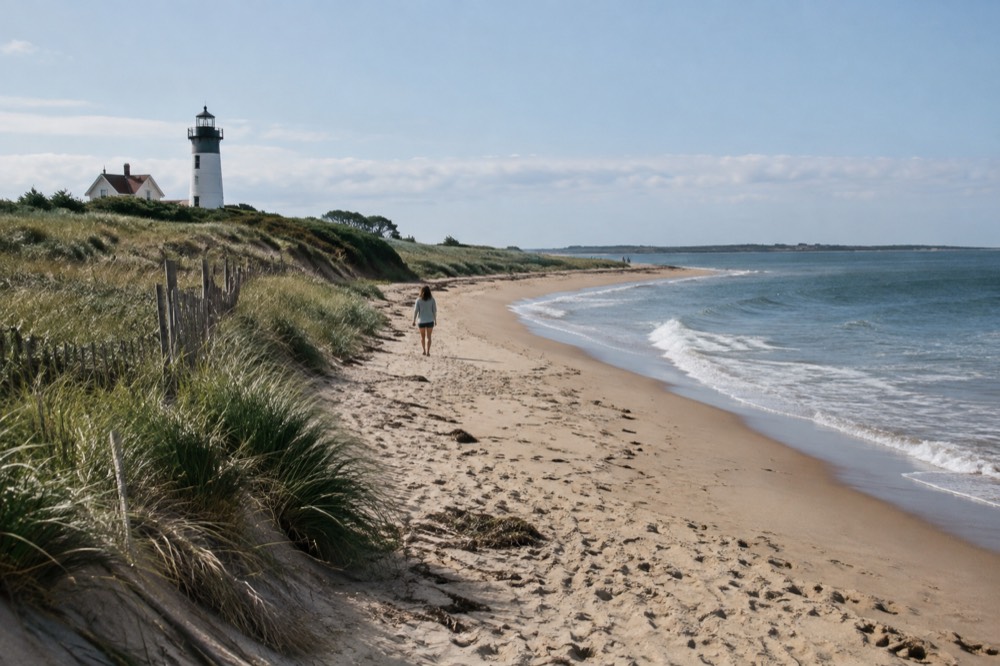 A white lighthouse above grassy dunes with a long sandy beach curving into the distance