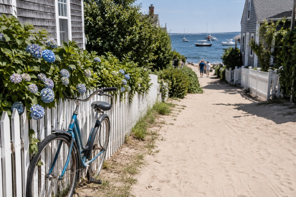 A bicycle leaning against a white picket fence beside a sandy lane leading toward the sea