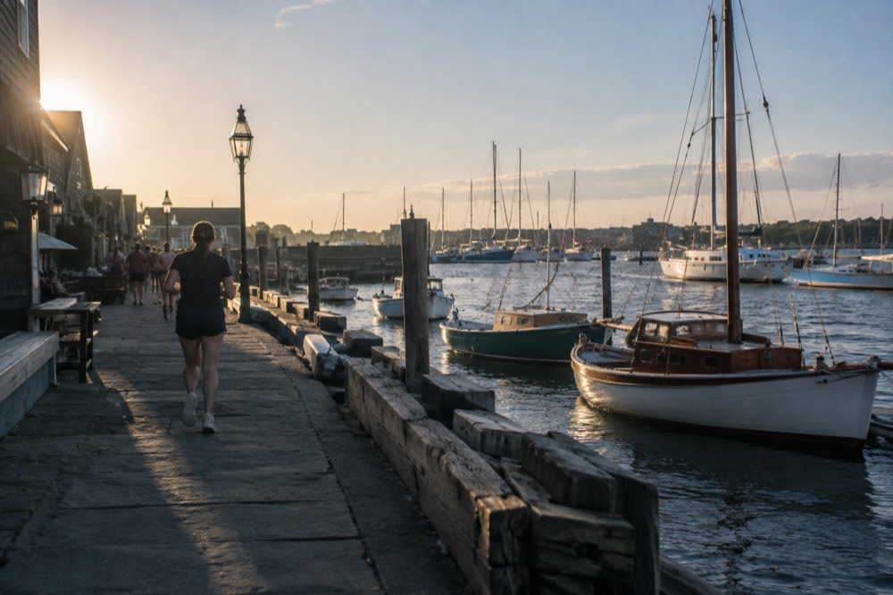 Wooden boats and stone piers along a busy New England harbor waterfront