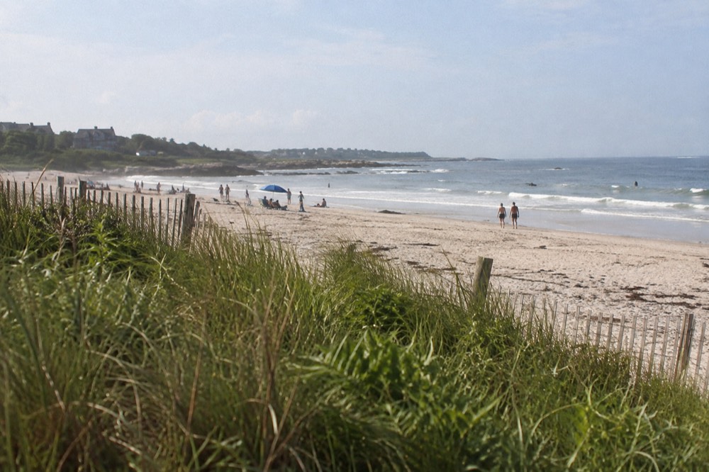 A wide sandy beach with dune grass under a summer sky along the New England coast