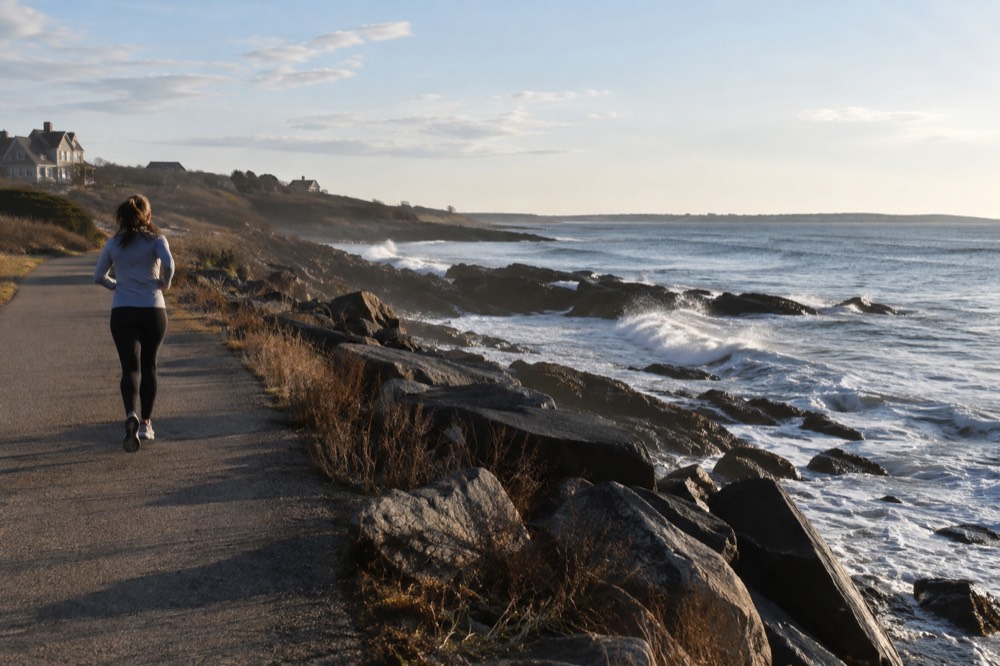 Ocean waves breaking against dark shoreline rocks at high tide