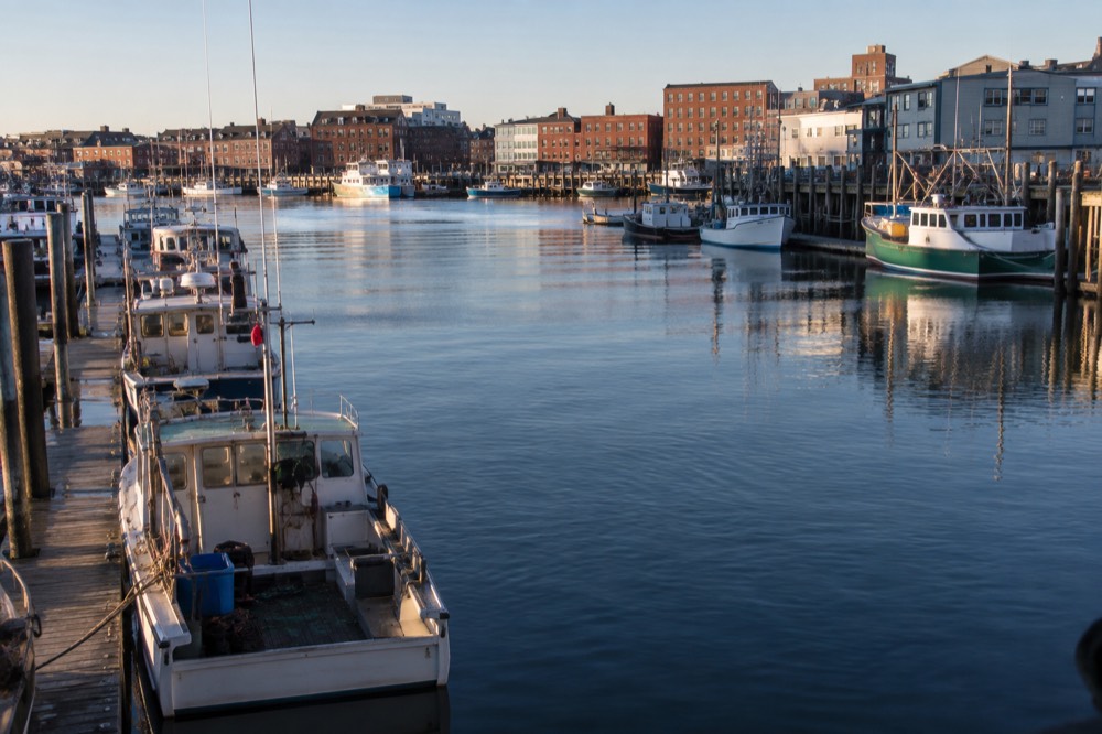 Fishing boats moored in Portland Harbor with the Old Port waterfront in the background