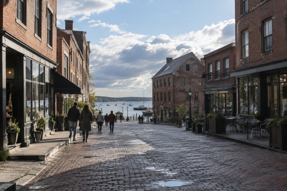 Visitors walking past shops and restaurants on a brick street in the Old Port