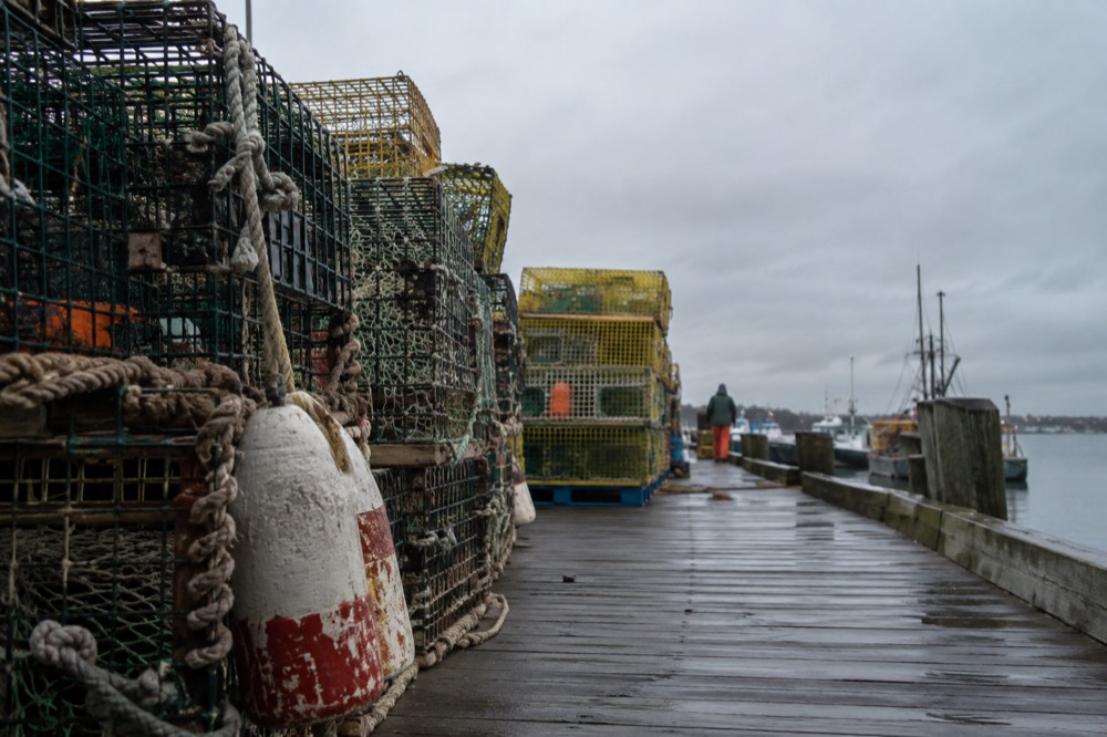 A pier on the Portland waterfront with fishing gear stacked beside the water