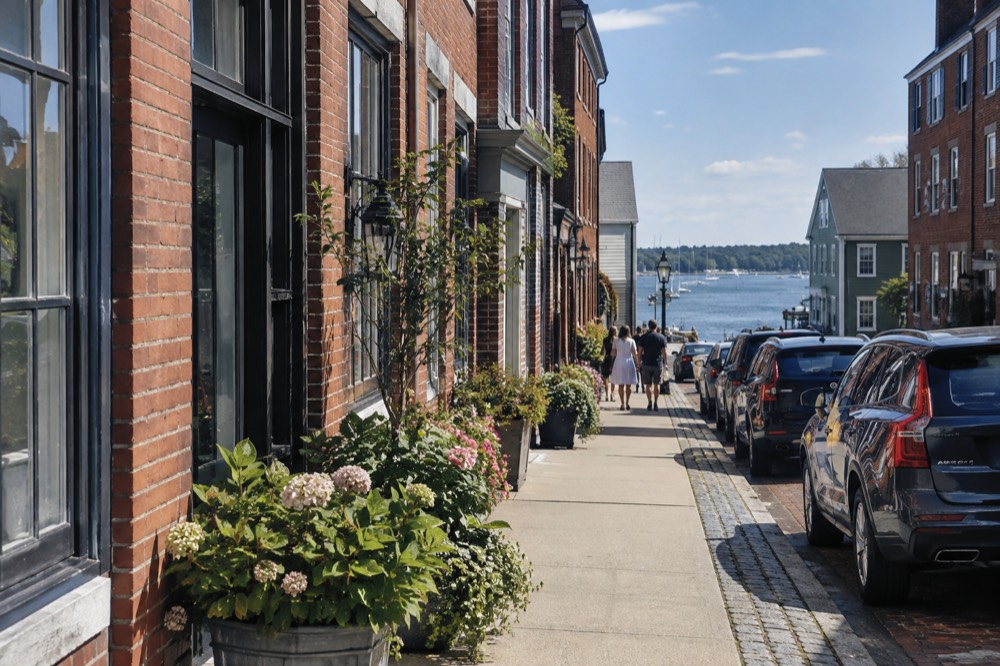 Historic brick storefronts along a narrow street in downtown Portsmouth, New Hampshire