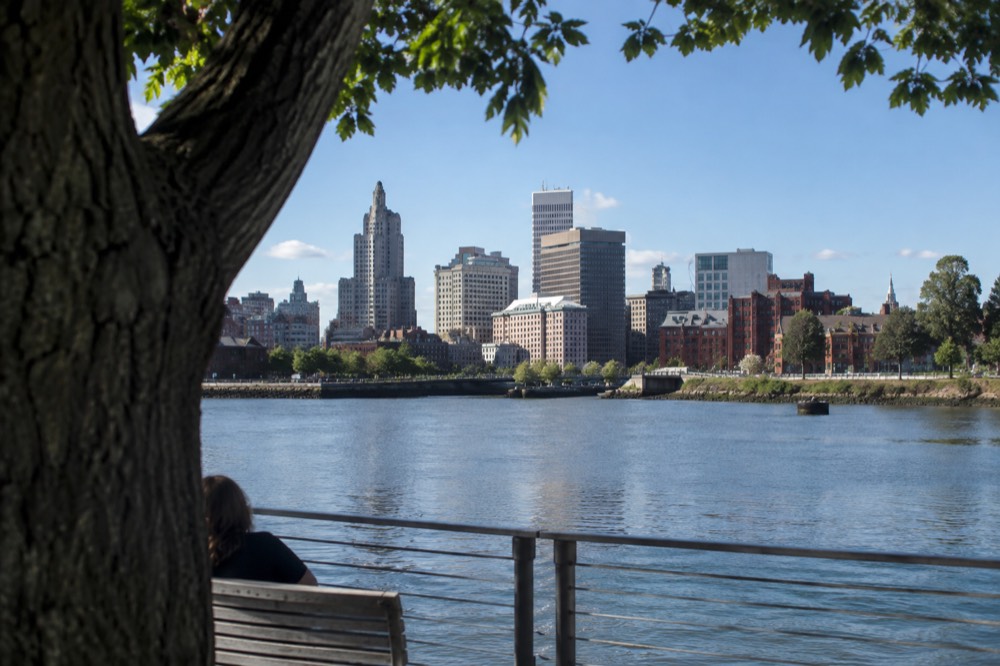 Providence skyline seen from across the river on a clear afternoon