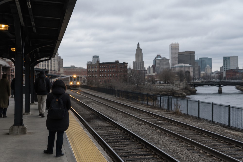 A commuter train platform with passengers waiting beside the tracks