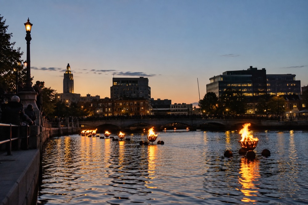 Braziers burning on the river at a nighttime waterfront event