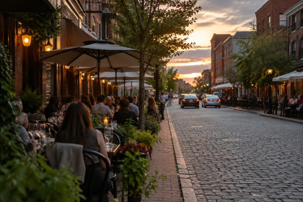 Diners at outdoor tables along a busy Italian restaurant street at dusk