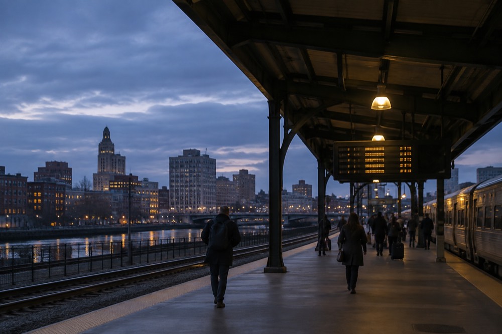 Train station interior with a departures board and travelers on a platform