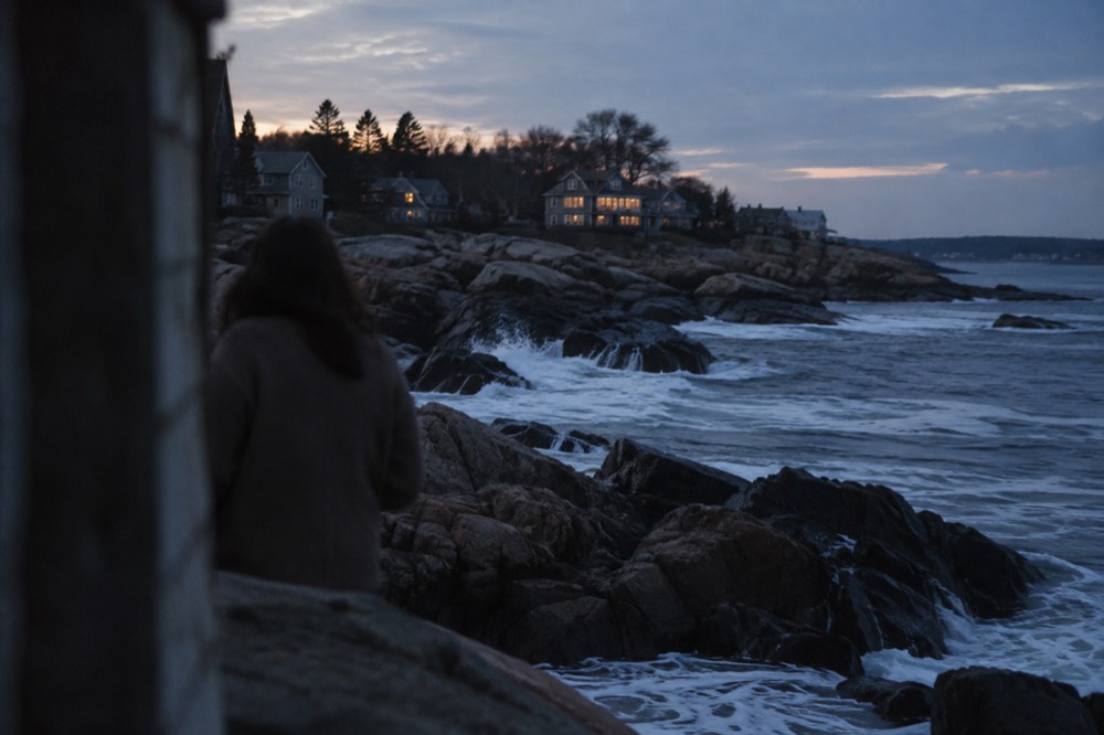 Rocky granite coastline with waves breaking against dark stone in soft light