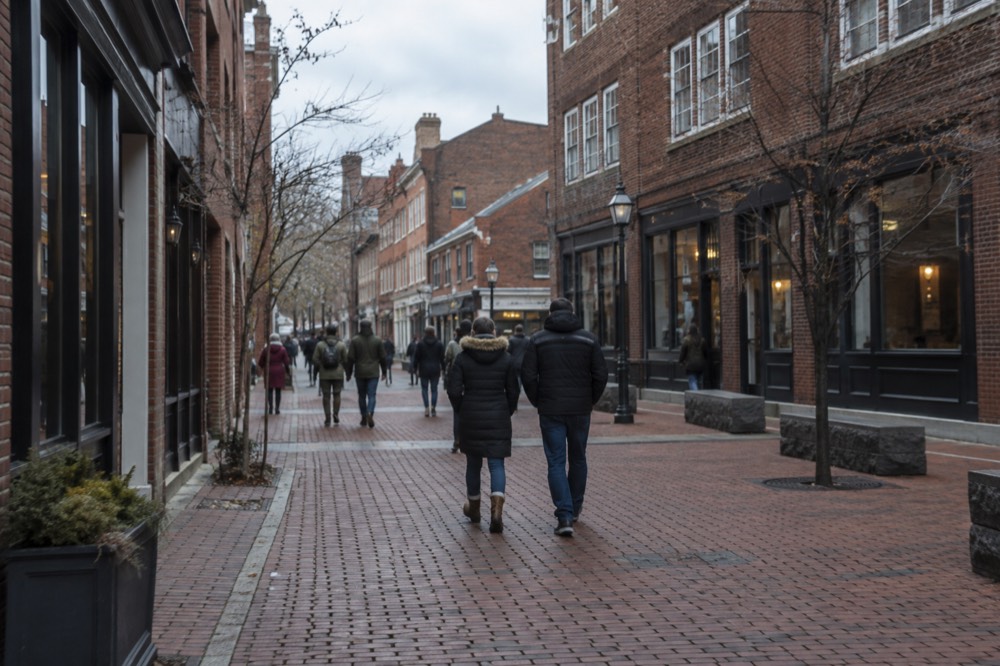 Visitors walking a pedestrian mall lined with old brick storefronts
