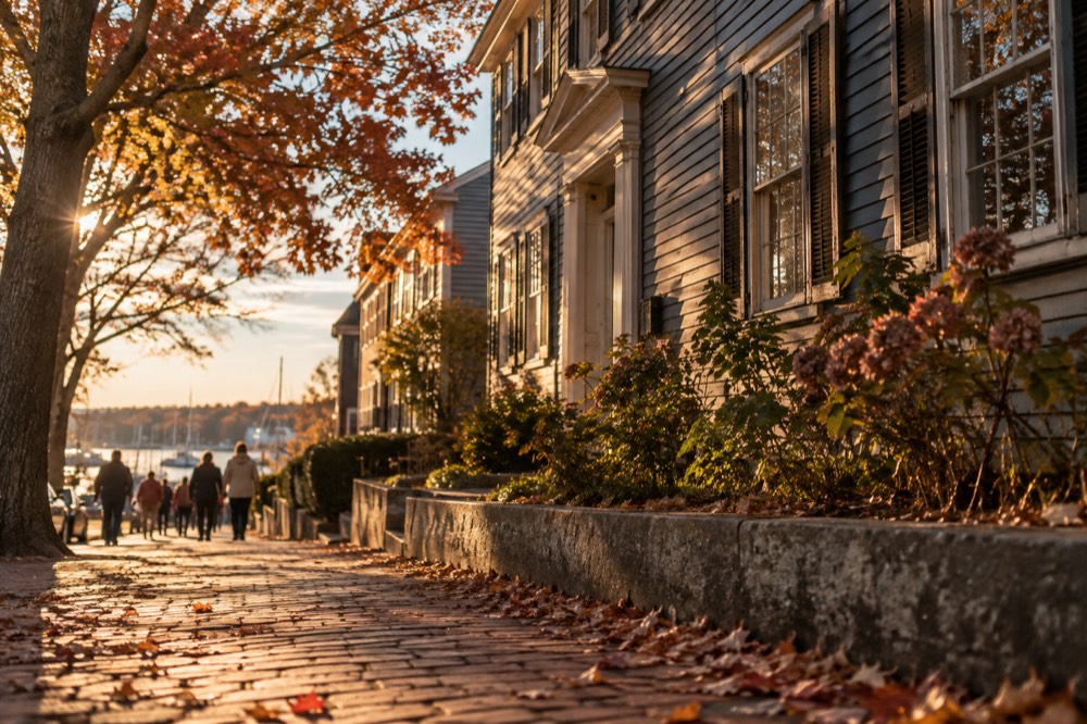 Autumn visitors on a brick sidewalk beside historic wooden houses