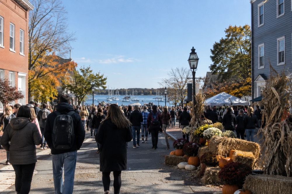 Crowded street festival with seasonal decorations in a small coastal town