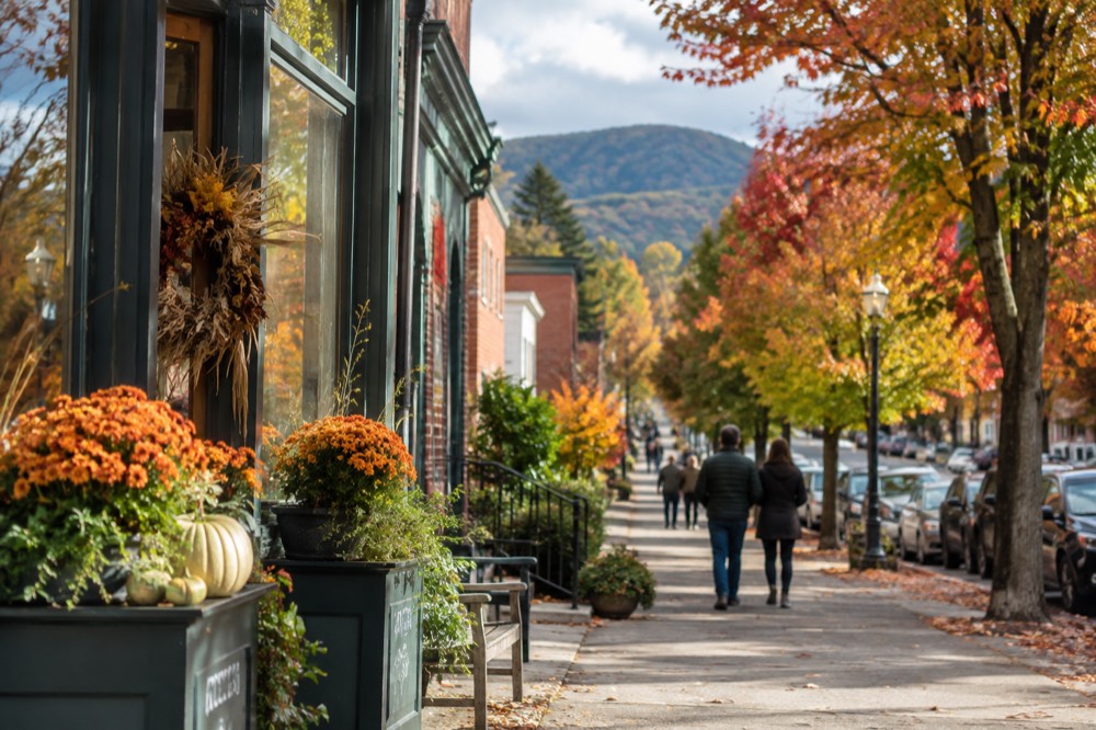 A small New England main street with brick storefronts and autumn trees
