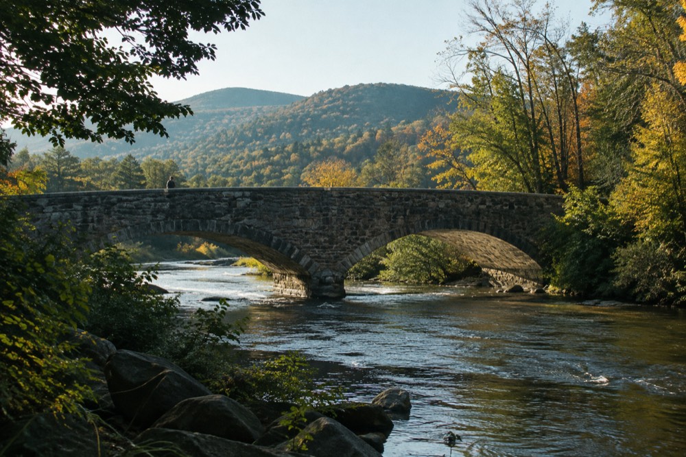 A stone bridge over a clear river with forested hills beyond