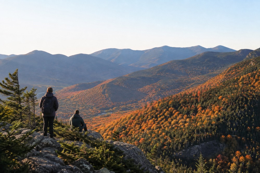 Mountain ridges with autumn foliage under a clear sky in the White Mountains of New Hampshire