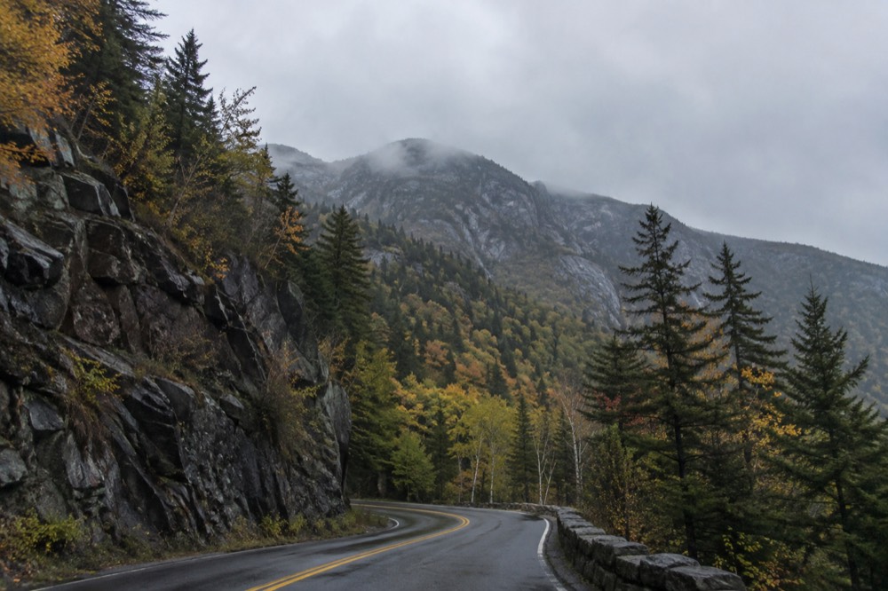 A winding road through a forested mountain pass with rocky cliffs above