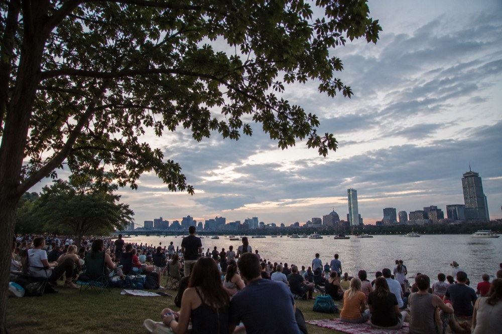 Crowds gathered along the Charles River Esplanade in Boston waiting for the Independence Day fireworks
