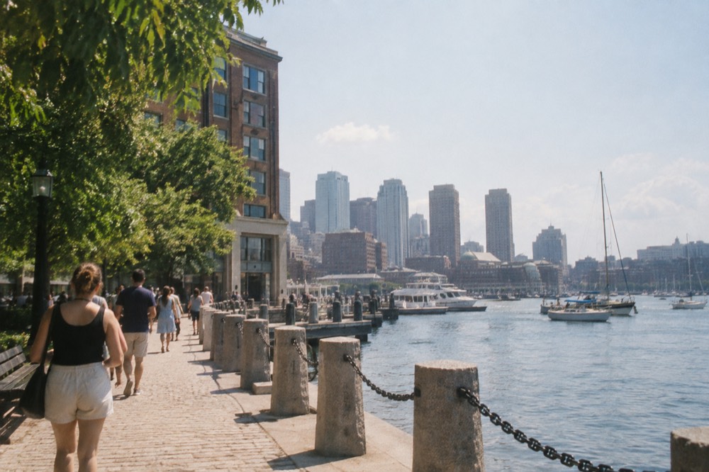 People in summer clothing walking along a sunlit Boston waterfront street in July