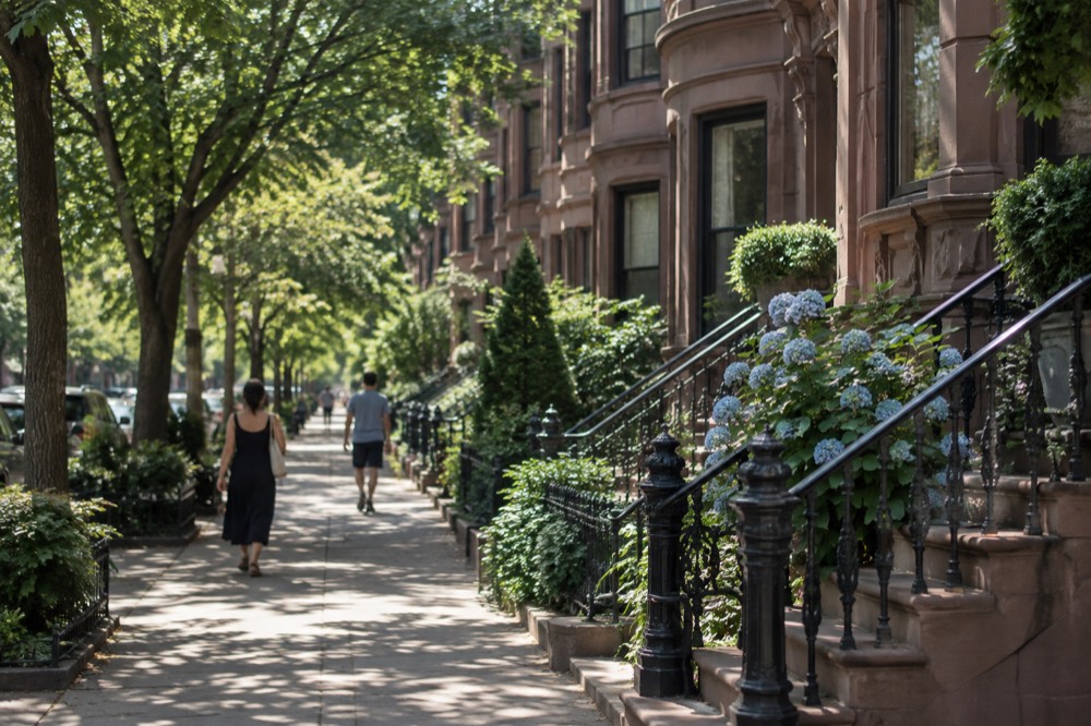 Brownstone townhouses on a tree-lined Back Bay street in summer