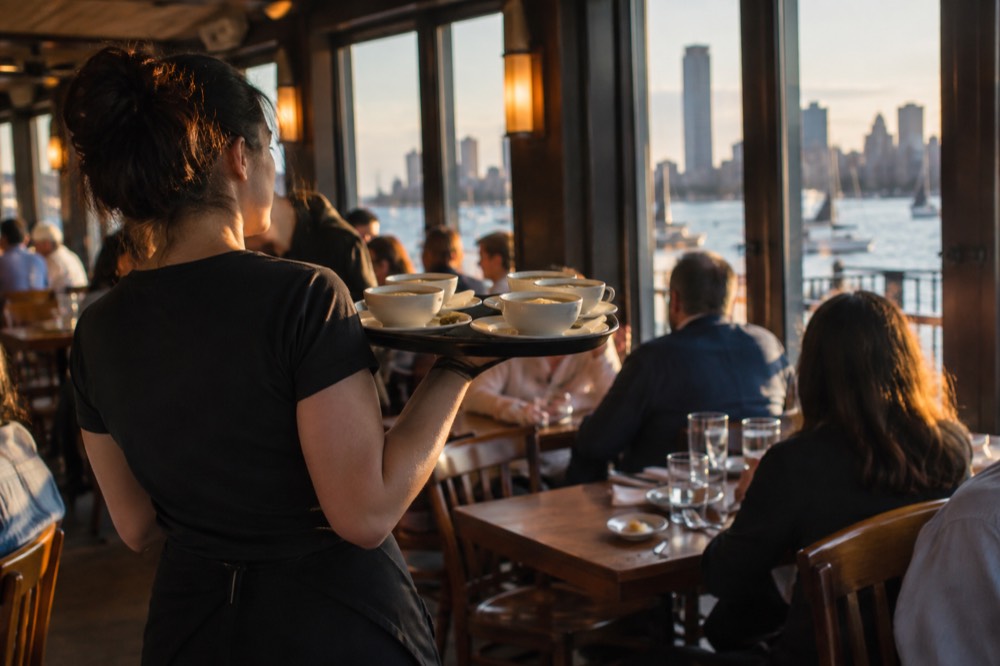 A server carrying a tray of chowder bowls through a busy Boston seafood restaurant