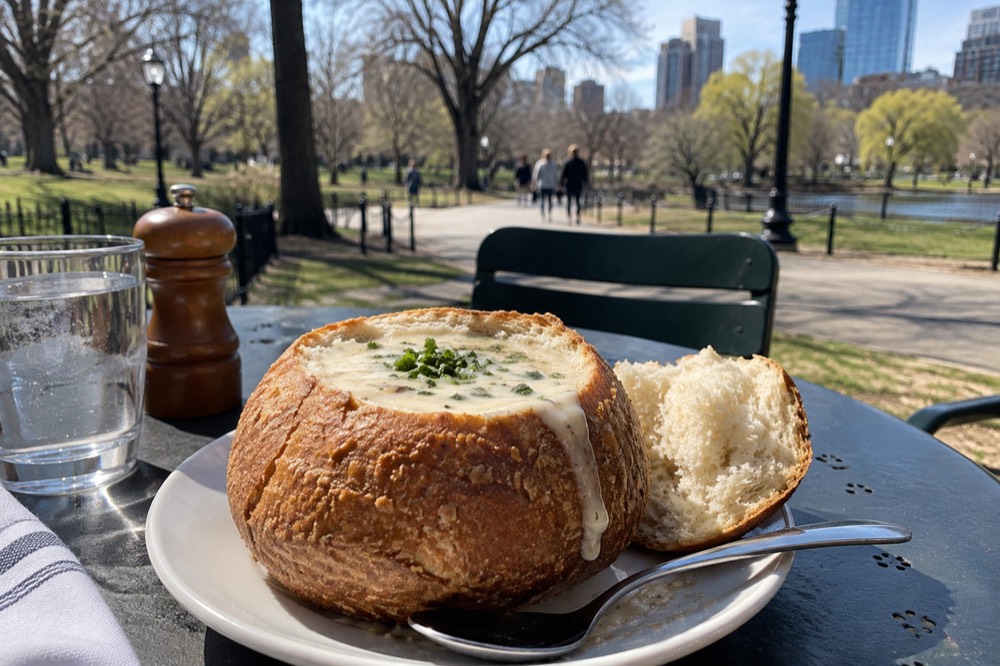Clam chowder served in a bread bowl on a Boston restaurant table