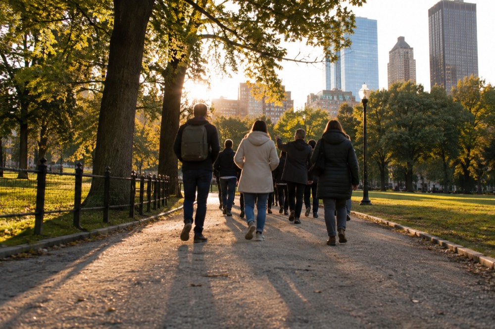 A group of walkers following a tour guide down a Boston street