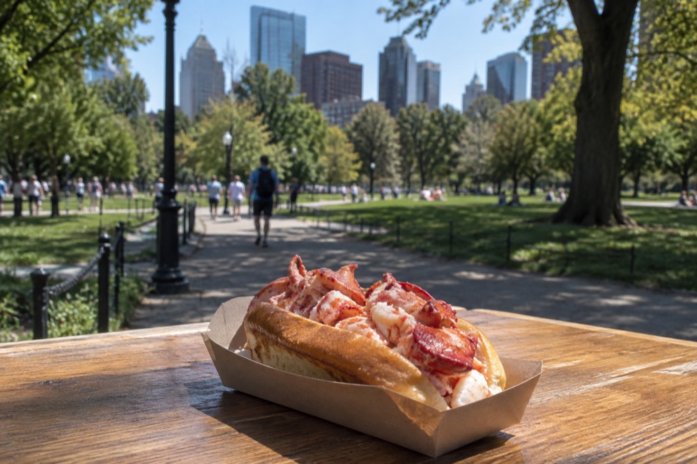 A toasted top-split bun filled with chunks of lobster meat on a wooden counter