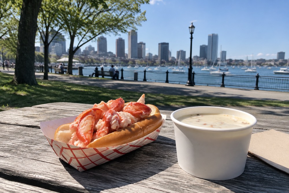 A lobster roll and a cup of chowder on a picnic table overlooking Boston Harbor