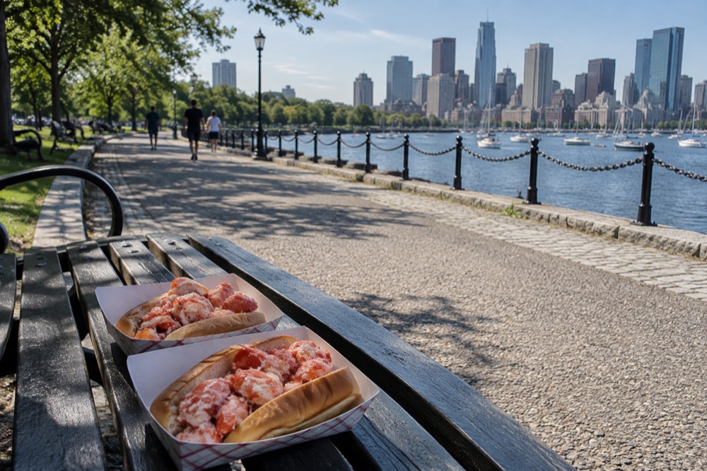 Two lobster rolls in paper trays on a bench facing Boston Harbor