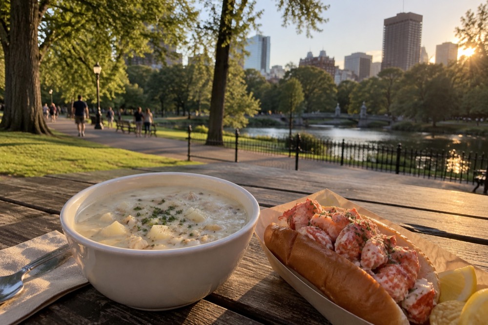 A bowl of New England clam chowder with a lobster roll on a wooden table