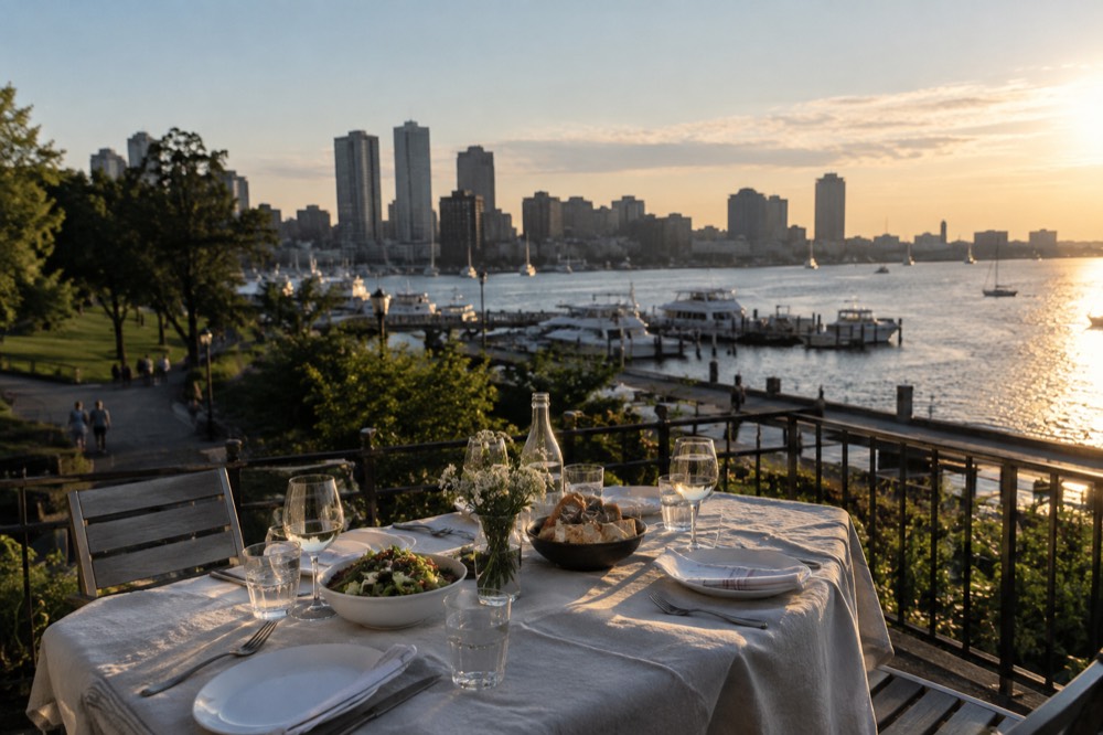 An outdoor table set for dinner overlooking Boston Harbor at golden hour