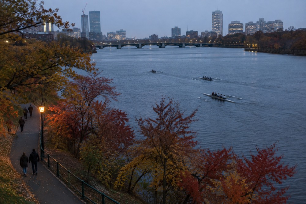 Rowers on the Charles River with fall colors on the banks