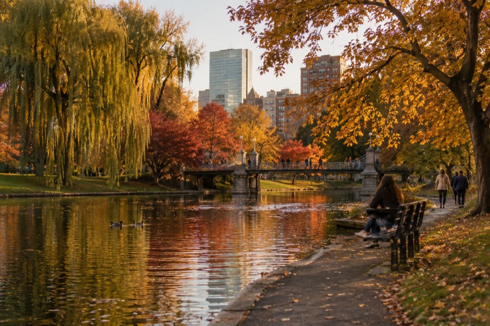 The Boston Public Garden with trees turning gold in early October