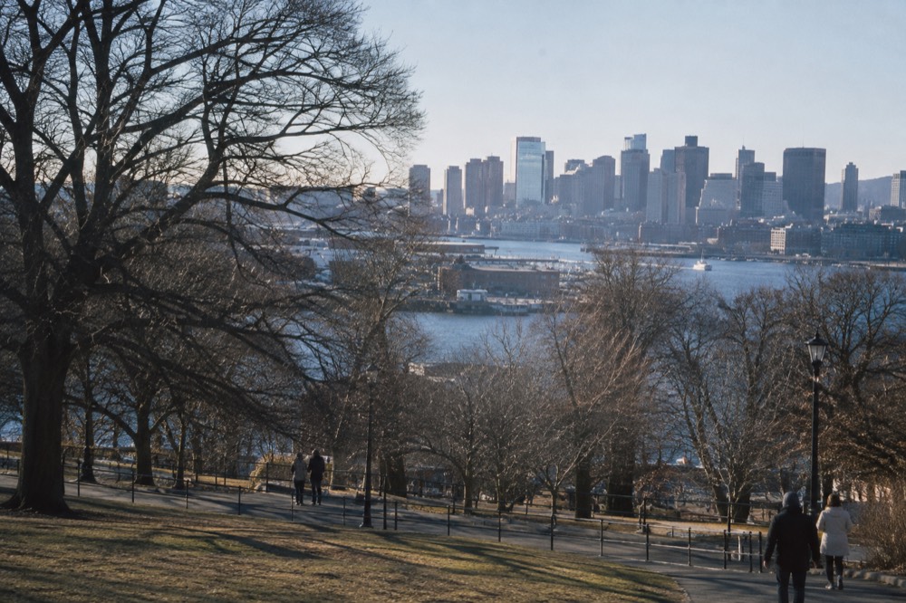 The Boston skyline seen across the harbor on a cold clear afternoon