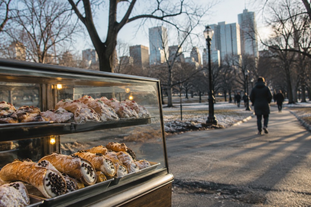 A bakery counter display of cannoli and Italian holiday pastries
