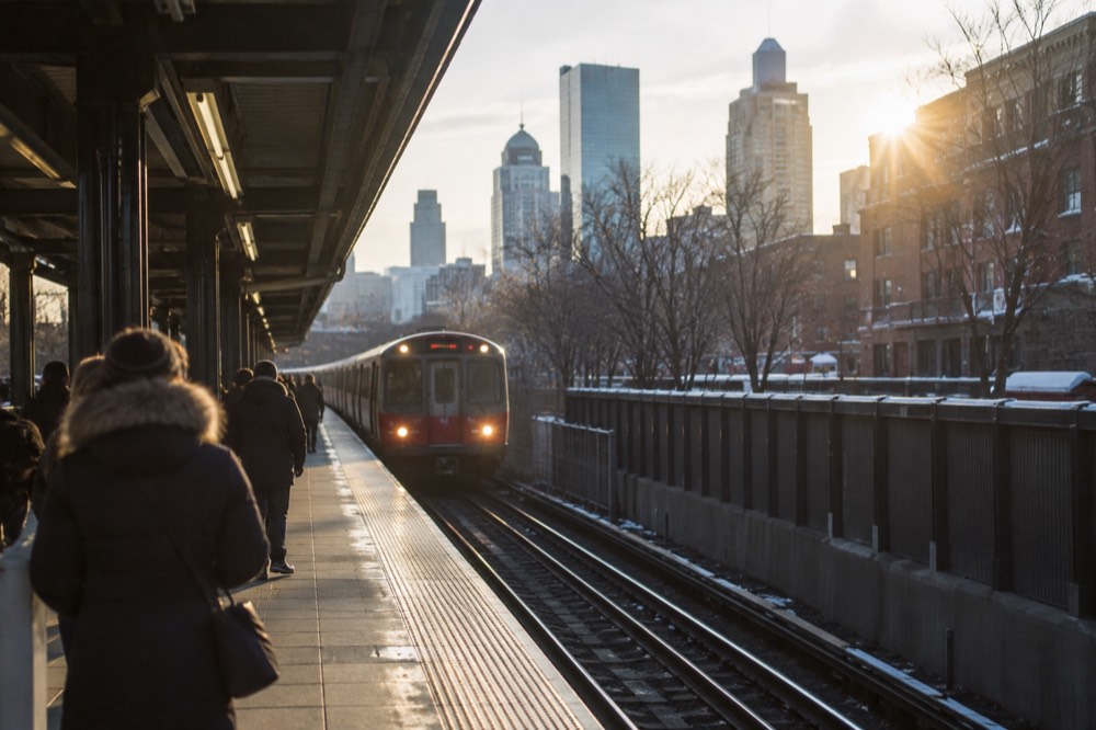 A Boston subway station platform with a red line train arriving in winter