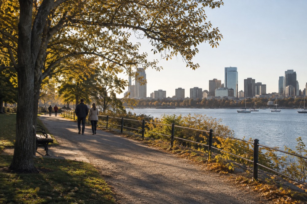 People walking a coastal path in bright fall sunlight with golden grass and calm harbor water