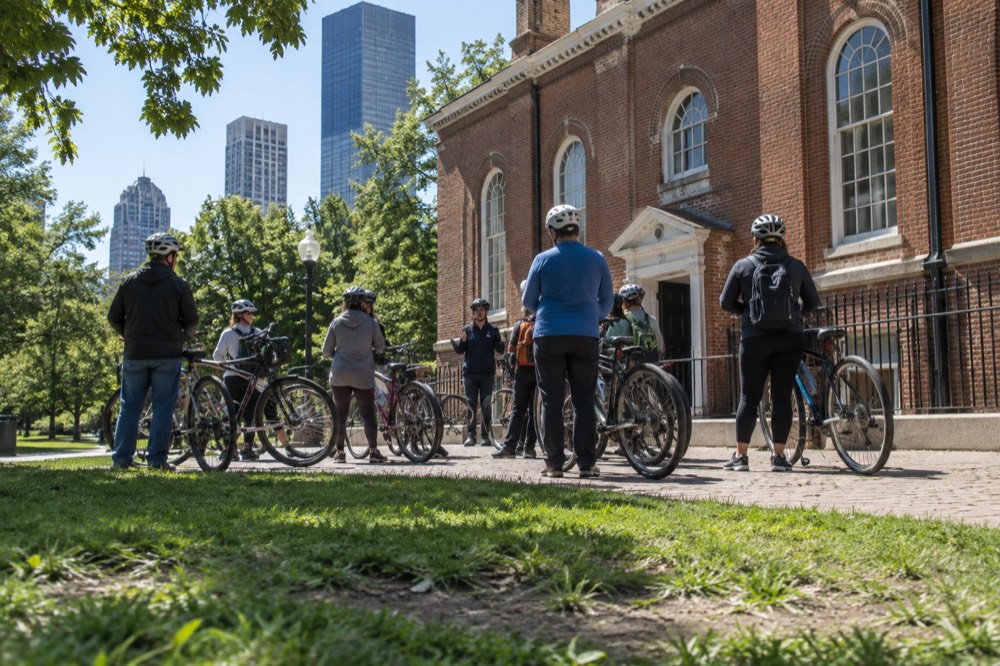A guided group of cyclists stopped beside a brick historic building while a guide speaks