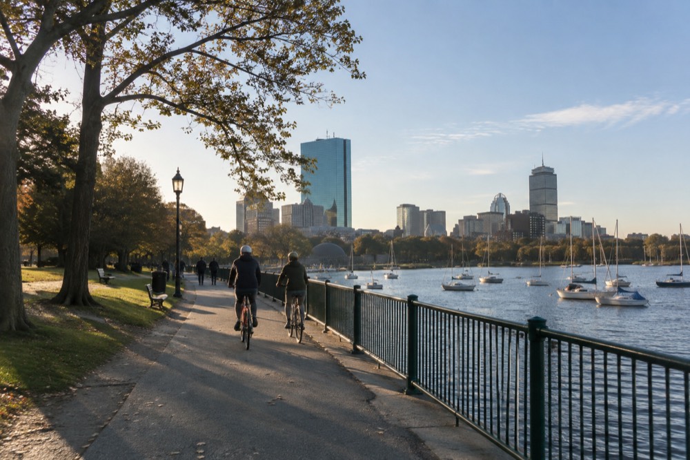 Riders crossing a riverfront path with sailboats moored nearby