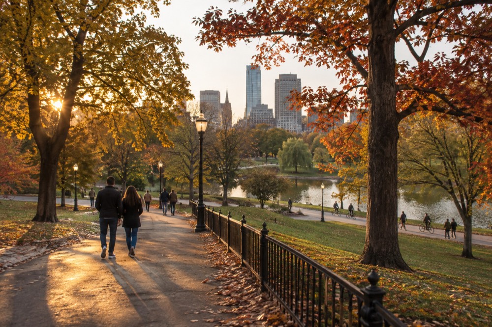 A tree-lined park path in autumn with fallen leaves and riders in the distance
