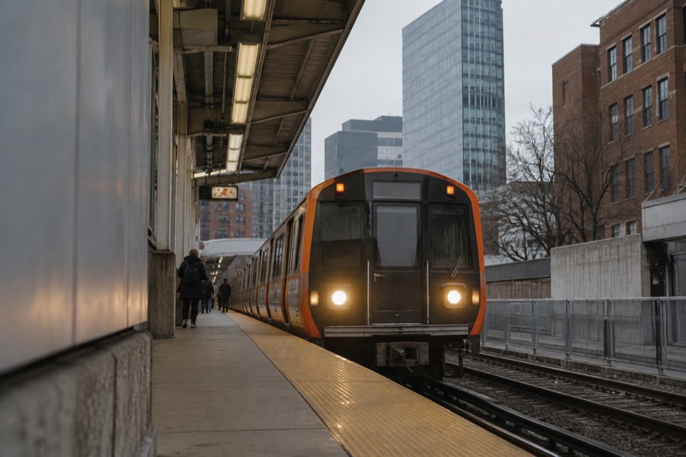 An MBTA Orange Line train arriving at an outdoor Boston station