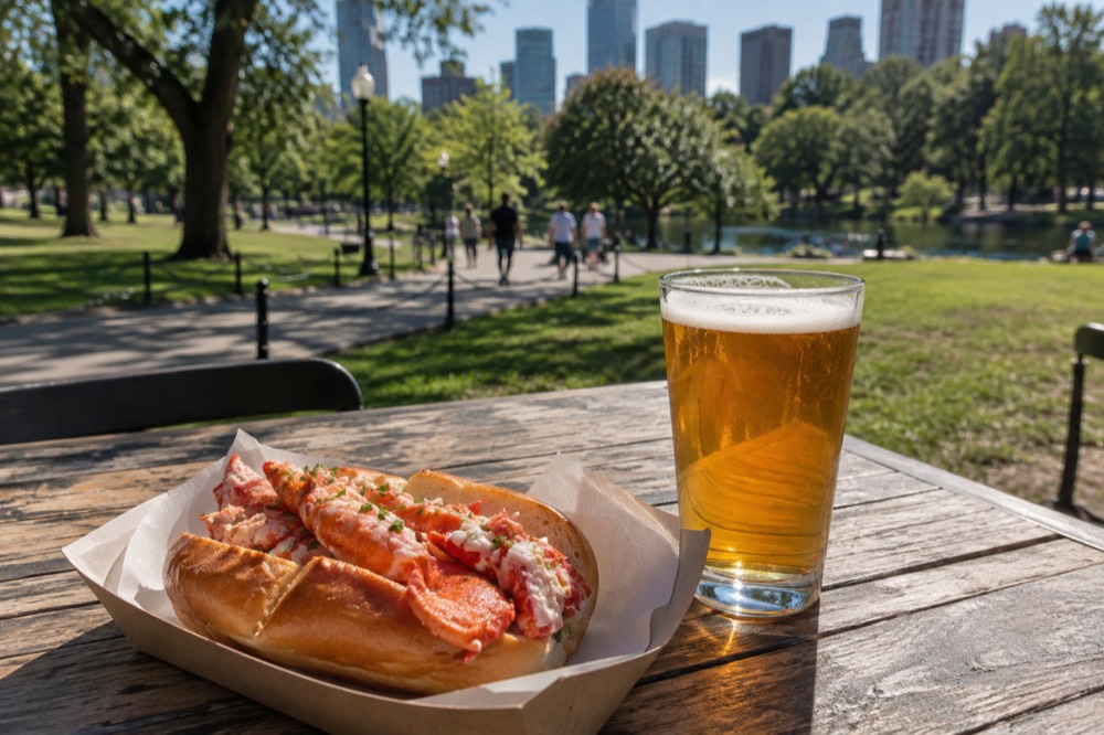 A lobster roll and a glass of pale ale on a wooden table