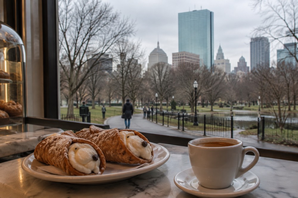 Cannoli filled with cream, arranged on a bakery counter beside a cup of espresso