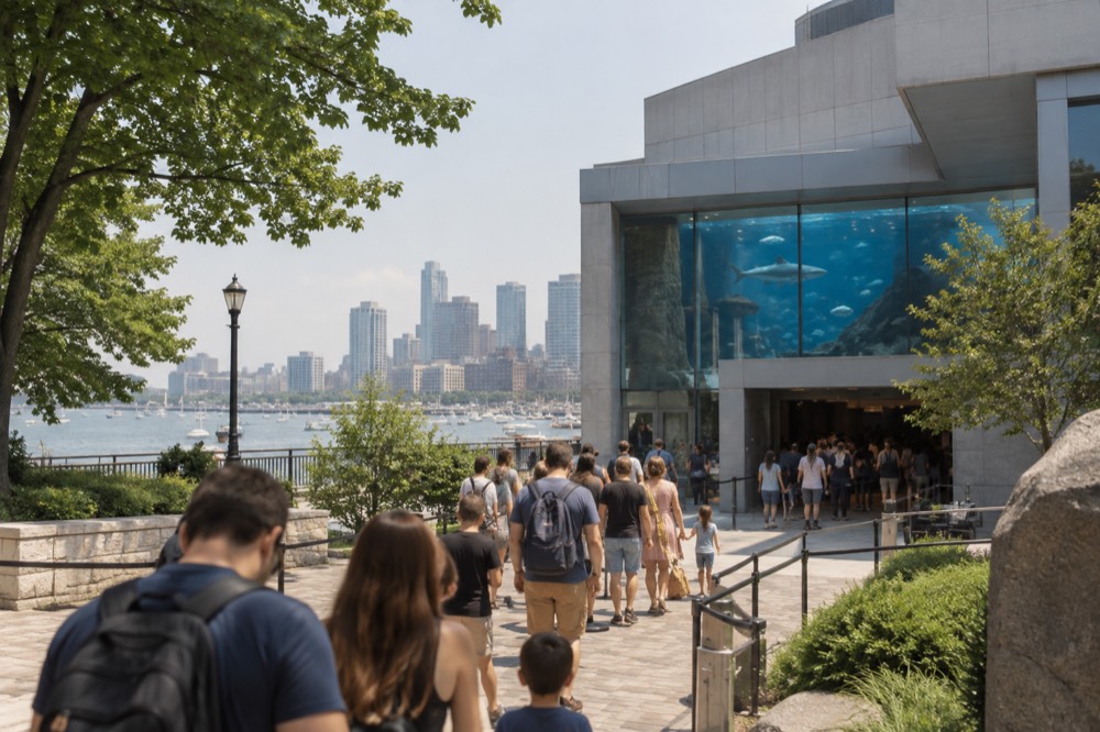 Families queuing at the entrance to a large aquarium building in Boston