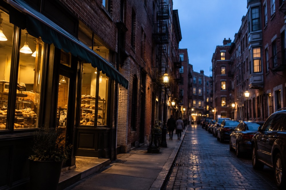 A narrow Boston street with brick storefronts and a bakery awning in the North End
