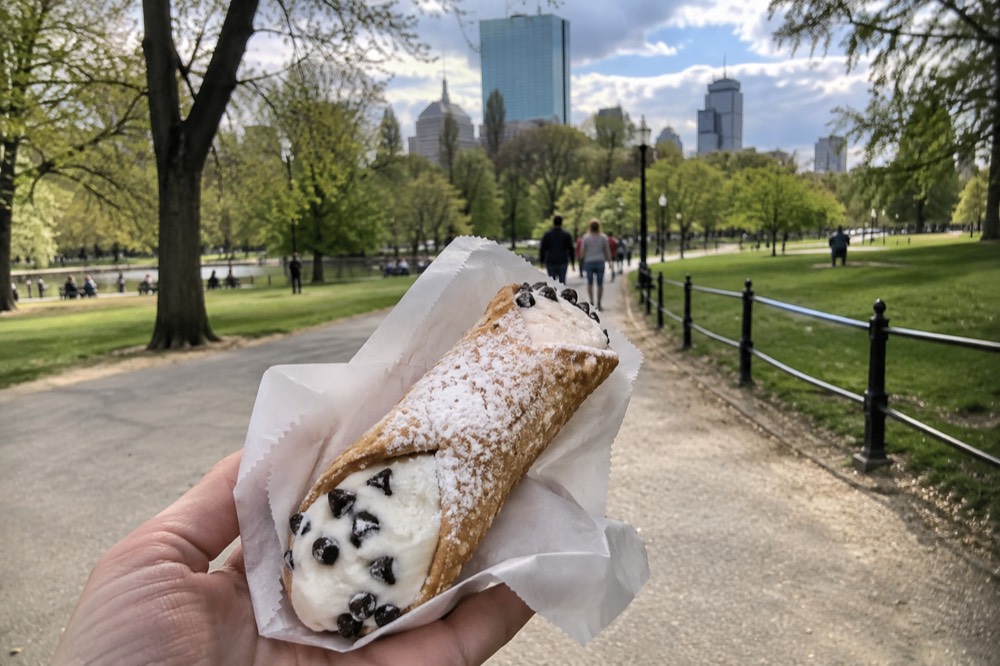 Close-up of a cannoli dusted with powdered sugar held in a paper wrapper