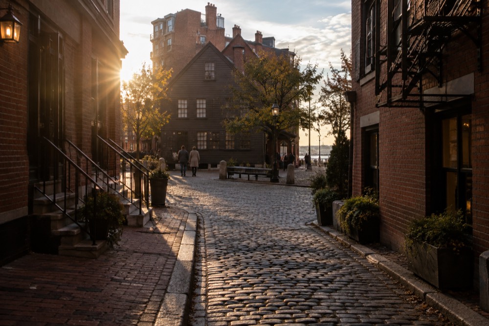 A historic brick square in the North End with an old wooden house and cobblestone lane